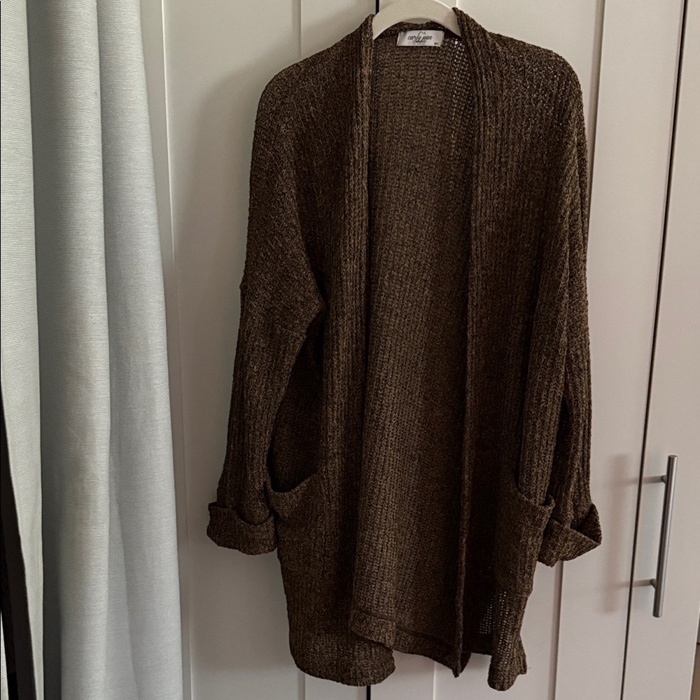 Carly Jean Los Angeles Cozy Brown Open-Front Sweater